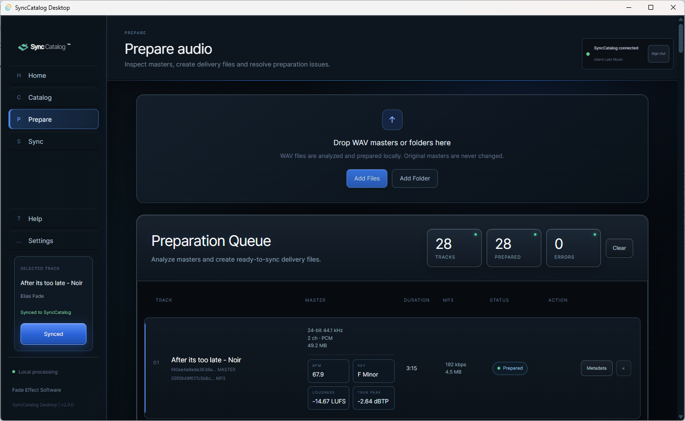 SyncCatalog Desktop Prepare workspace showing prepared tracks, audio details and a connected organization.